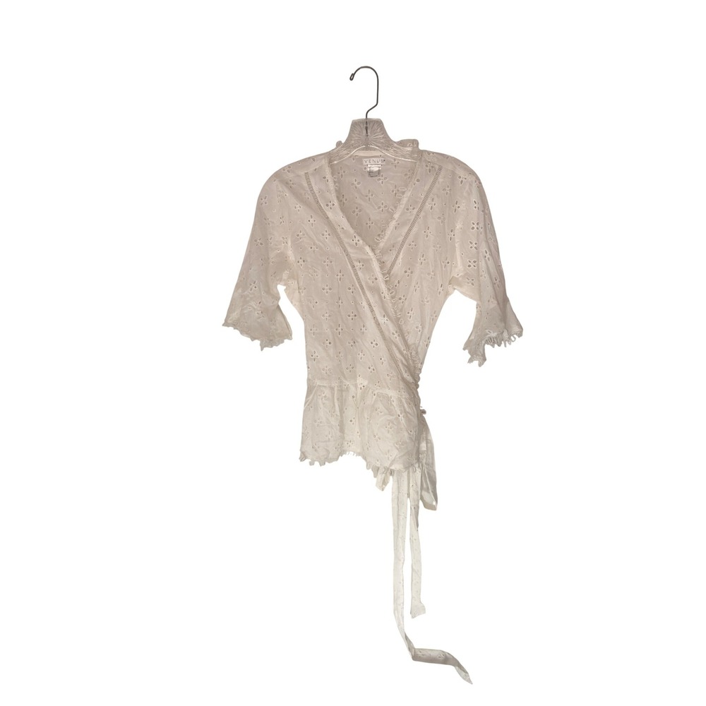 Venus Wrap Shirt Women's White Eyelet Short Sleeve‎ Whimsical Fairy Size 10